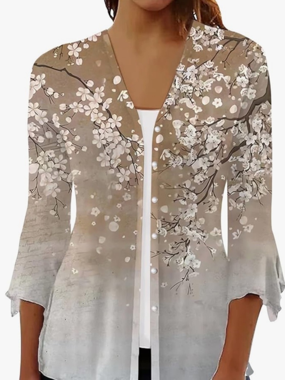 Floral Button-Front Kimono Cardigan in Taupe and White